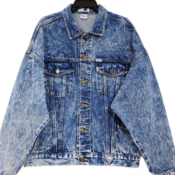 Guess Vintage 80s Acid-Washed Trucker Jacket/ Guess Striped Crewneck Men' Medium - Picture 2 of 16